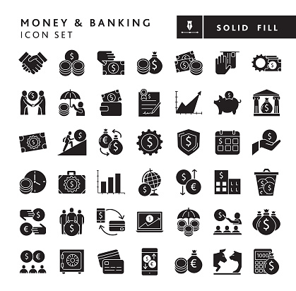 Vector illustration of a big set of 43 Money and Banking solid icons. Includes business concepts such as handshake business deal, stacks of coins and bills, money bags, ATM machine with credit card, making money, financial planning, financial protection, growth, currency exchange, financial education, wasting money, bull and bear stock exchange, calculating money, and many more with no white box below. Easy editing. 100% black fill. Simple set that includes vector eps and high resolution jpg in download.