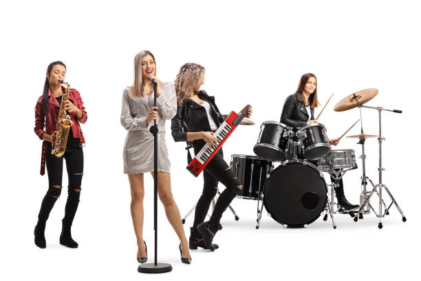 istock Female rock band with a drummer, sax player, keytar player and a front singer 1301283157