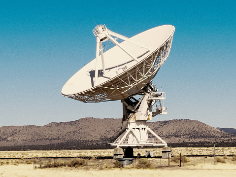 A Close Up View Of A Giant Radio Telescope At The Very Large Array near Socorro And Albuquerque, New Mexico, Used For Radio Astronomy, To Study Celestial Objects And Radio Waves From Outer Space