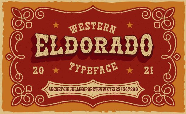 ilustraciones, imágenes clip art, dibujos animados e iconos de stock de una fuente serif vintage en estilo occidental. - western usa