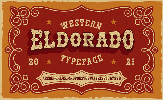 A vintage serif font in western style. This font looks better for short phrases, headlines and can be used for many creative products, such as shirt prints, alcohol labels, and many other uses