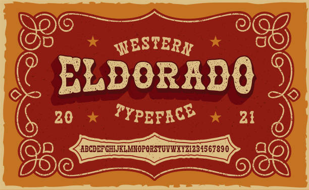 A vintage serif font in western style. A vintage serif font in western style. This font looks better for short phrases, headlines and can be used for many creative products, such as shirt prints, alcohol labels, and many other uses vintage cowboy stock illustrations