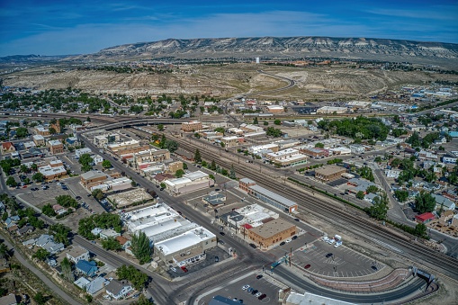 Drone shot of Alpine, Texas, a small city in the Big Bend region of West Texas on a clear day in early spring.