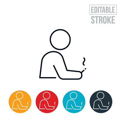 An icon of a person with a lit cigarette in his hand. The icon includes editable strokes or outlines using the EPS vector file.