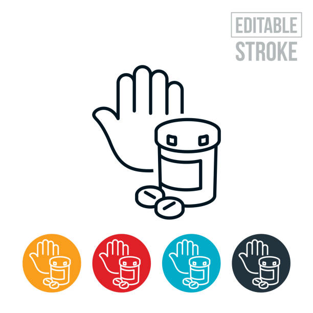 Opioid Prevention Thin Line Icon - Editable Stroke An icon of hand using a stop gesture to a pill bottle with pills. The icon includes editable strokes or outlines using the EPS vector file. stop narcotics stock illustrations