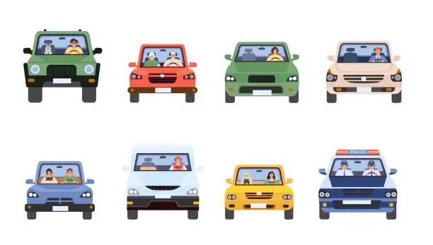 Vector illustration of People in cars front view. Man and woman driving, delivery service, police in car and old couple. Drivers in flat minimal style vector set