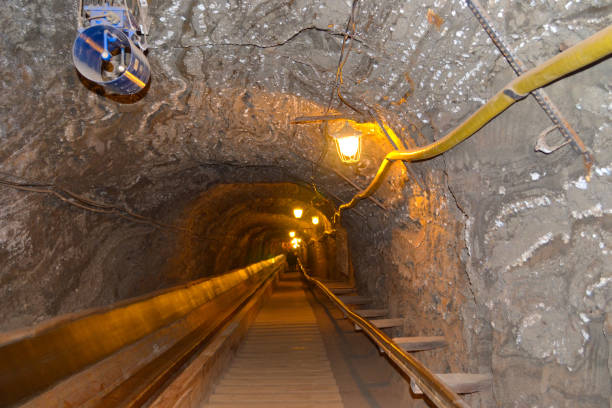 istock Stairs inside tunnel in a salt mine with lantern and ventilation 1301288224