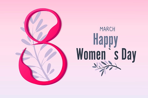 March 8, women's day. Vector, 3d greeting card made of paper. Pink background. Madness, happy women.Vector illustration.