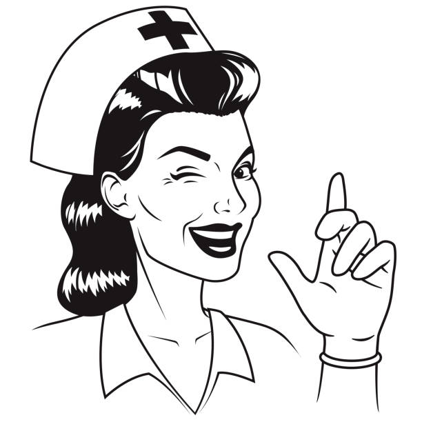 подмигивая медсестра в резиновой перчатке ретро линия искусства - beautiful nurse doctor female nurse stock illustrations