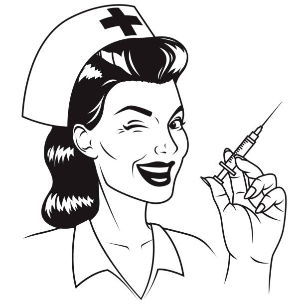 подмигивая медсестра со шприцем ретро линии искусства - beautiful nurse doctor female nurse stock illustrations