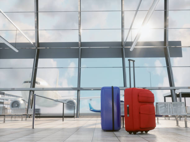 istock An empty airport terminal hall with an airplane in the background. render 3d 1301289745