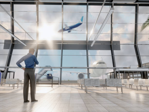 istock An empty airport terminal hall with an airplane in the background. render 3d 1301289798