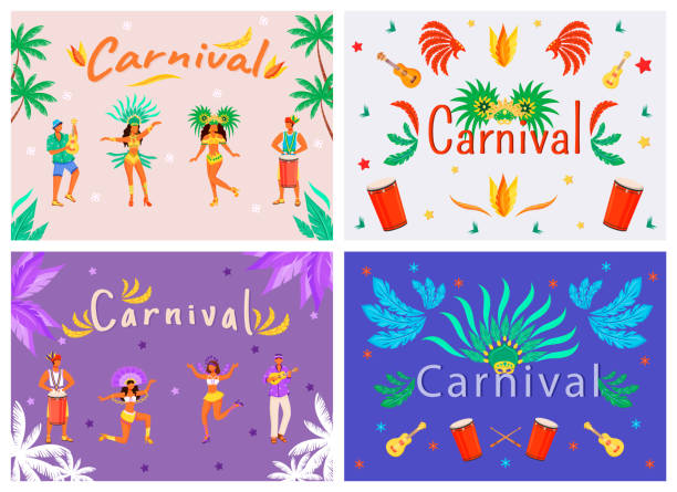 ilustraciones, imágenes clip art, dibujos animados e iconos de stock de conjunto de plantillas vectoriales planas de banner de carnaval. diseño de conceptos de palabras de póster horizontales. músicos y bailarines ilustraciones de dibujos animados con tipografía. símbolos festivos nacionales sobre fondos coloridos - computer graphic image women national landmark