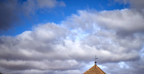 palette meteo mosso dal grande vento su un tetto a singhiozza su un cielo blu e nuvoloso - roof roof tile rooster weather vane foto e immagini stock