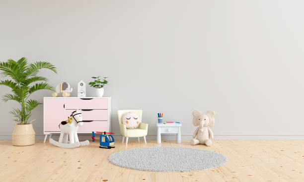 istock Table and armchair in gray child room interior with free space for mockup, 3D rendering 1301296708