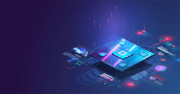 Microchip processor with lights effects. Cybernetic system, futuristic computing technology. Electronics microchip technology. Blockchain, fintech, ai,  hardware, software. Analysis, scanning chip Microchip processor with lights effects. Cybernetic system, futuristic computing technology. Electronics microchip technology. Blockchain, fintech, ai, semiconductor stock illustrations