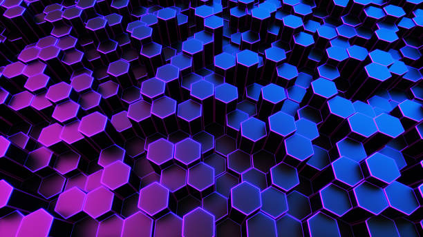 istock Futuristic technological background with glowing neon energy lightning. Steel hexagon cells. 3d abstract illustration of honeycomb structure. Global Communications and Big Data technology 3d illustration. 1301299242