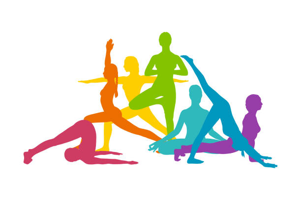 Rainbow yoga asanas. Rainbow colored silhouettes of women practicing yoga. Vector illustration Rainbow yoga asanas. Rainbow colored silhouettes of women practicing yoga. Vector illustration isolated on white background balance silhouettes stock illustrations