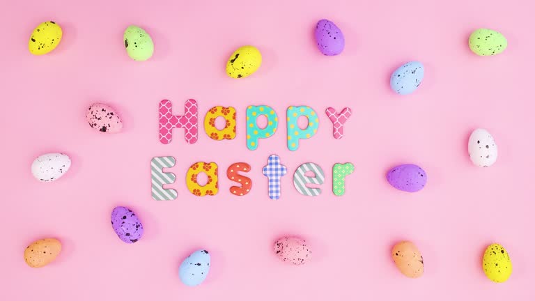 Frohe Ostern Text bewegen umgeben von Eiern. Stop-Bewegung