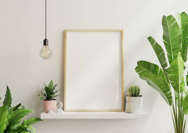 istock Interior poster mock up with vertical empty wooden frame,Scandinavian style. 1301310573