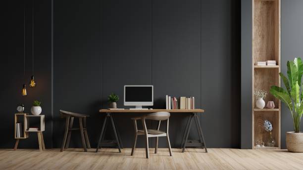 istock Modern interior working room with chair,plants,book,table on black wall background. 1301310621