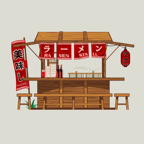 ilustraciones, imágenes clip art, dibujos animados e iconos de stock de ramen stall al mediodía - comida japonesa