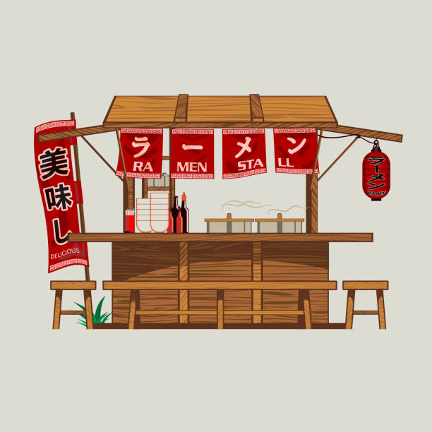 Ramen Stall at noon traditional wooden Ramen Stall vector illustration for design element street food stock illustrations