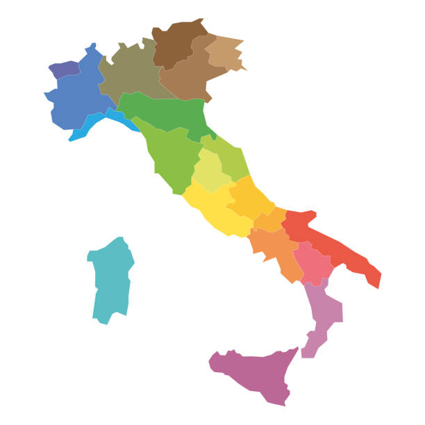 illustrazioni stock, clip art, cartoni animati e icone di tendenza di regioni d'italia. mappa delle divisioni amministrative regionali dei paesi. illustrazione vettoriale colorata - italia