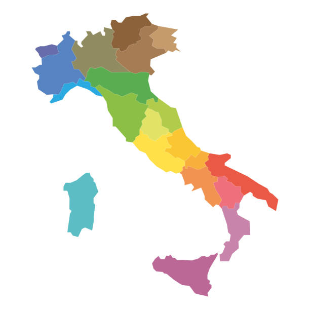 ilustrações, clipart, desenhos animados e ícones de regiões da itália. mapa das divisões administrativas regionais do país. ilustração vetorial colorida - liguria