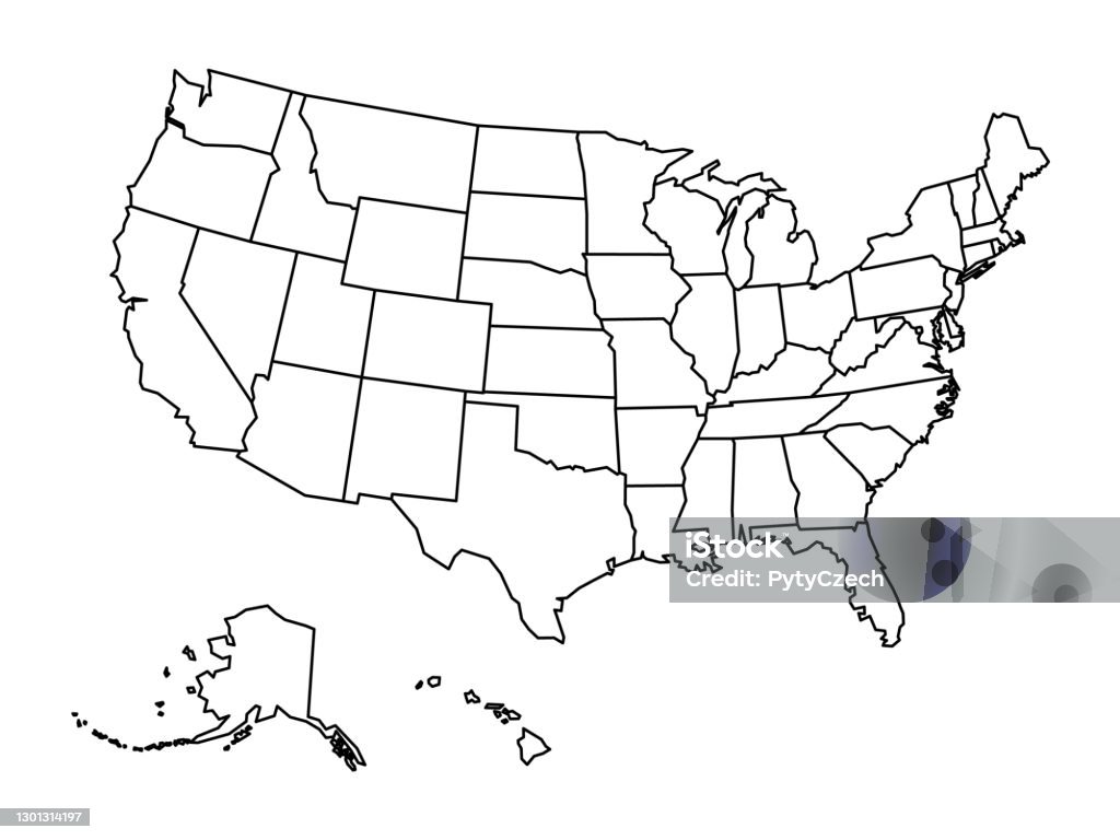 Leere Umrisskarte der Vereinigten Staaten von Amerika. Vereinfachte Vektorkarte aus dickem schwarzen Umriss auf weißem Hintergrund - Lizenzfrei USA Vektorgrafik