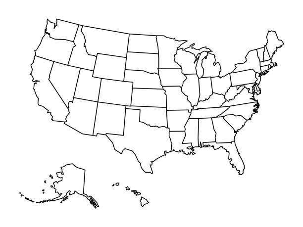 ilustraciones, imágenes clip art, dibujos animados e iconos de stock de mapa de esquema en blanco de los estados unidos de américa. mapa vectorial simplificado hecho de contorno negro grueso sobre fondo blanco - map