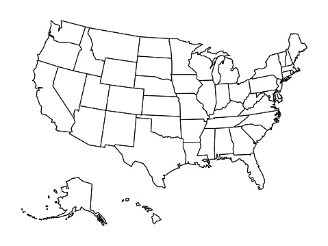 Blank outline map of United States of America. Simplified vector map made of thick black outline on white background