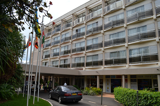 Kigali, Rwanda - May 10, 2014: The Hôtel des Mille Collines, which became famous after sheltering more than 1,200 people during the Rwandan genocide in 1994.