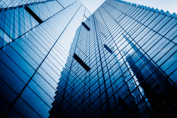 istock Modern office building from below Skyscrapers in a finance district 1301316487
