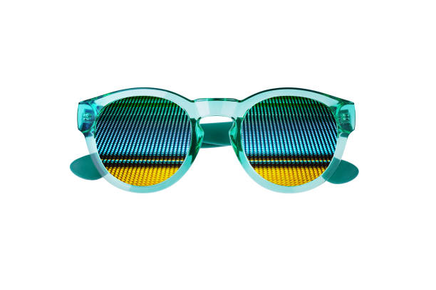 istock Sunglasses with abstract colorful lines pattern on white background isolated close up, digital screen sunglass concept, neon light glasses, fashion accessory design, night club party style decoration 1301319291