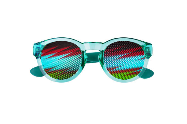 istock Sunglasses, abstract colorful zigzag lines pattern, white background isolated close up, digital screen sunglass concept, neon light glasses, fashion accessory design, night club party style decoration 1301319292
