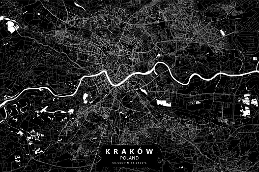 Poster Style Topographic / Road map of Kraków, Poland. Original map data is open data via © OpenStreetMap contributors. All maps are layered and easy to edit. Roads are editable stroke.