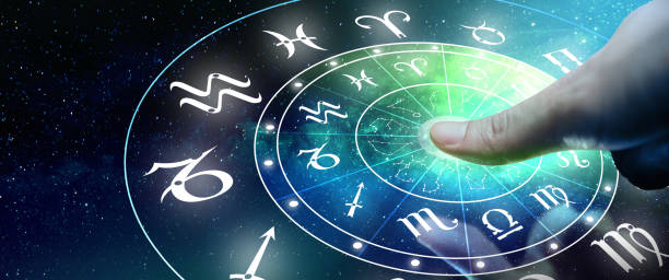 istock Zodiac wheel touch screen hologram. Astrology concept. 1301322812