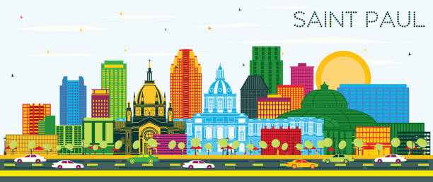 ilustraciones, imágenes clip art, dibujos animados e iconos de stock de saint paul minnesota city skyline con edificios de color y blue sky. - st paul illustrations