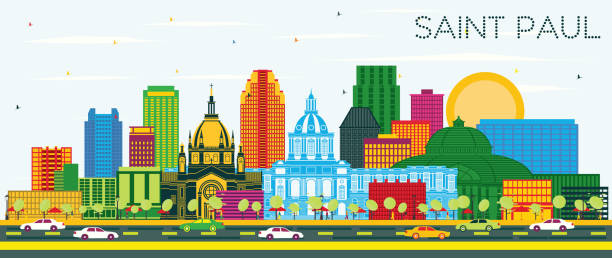 Saint Paul Minnesota City Skyline with Color Buildings and Blue Sky. Saint Paul Minnesota City Skyline with Color Buildings and Blue Sky. Vector Illustration. Business Travel and Tourism Concept with Historic Architecture. Saint Paul USA Cityscape with Landmarks. minnesota illustrations stock illustrations