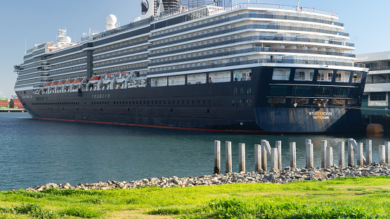 Warnemunde, Germany - July 21, 2017: The cruise ship Viking Sky of the shipping company Viking Cruises has moored at the pier in Warnemünde.