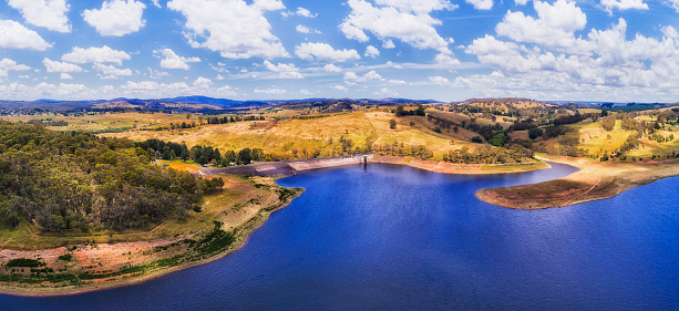 Aerial panorama of Lake Oberon hydro dam on Fish river near Oberon town in Central tablelands of Australia.