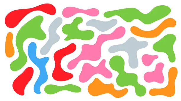 Vector illustration of Color irregular blob, set of abstract organic shapes. Abstract irregular random blobs. Simple liquid amorphous splodge. Orange blue liquid shapes. Trendy minimal designs for presentations, banners, posters and flyers