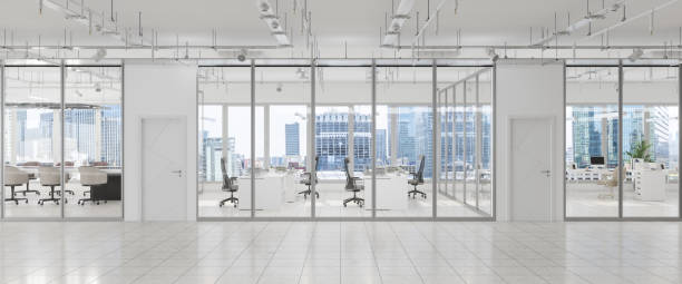 modern large empty office interior with board room, office desks, chairs and cityscape. - wide imagens e fotografias de stock