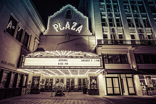 El Paso, Texas / USA - August 6, 2015: Evening and the bright lights of the historic Plaza Theater.