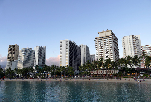 Honolulu, Hawaii, U.S.A -- November 6, 2019:Looking at Waikiki Beach and Waikiki apartments and hotels at sunset.