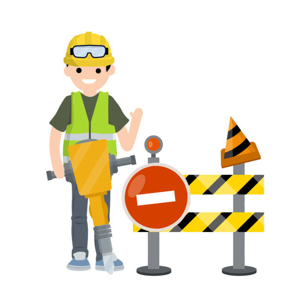 prace budowlane. droga jest zamknięta z powodu remontu. pracownik odzieży i narzędzi - jackhammer road construction construction worker road stock illustrations