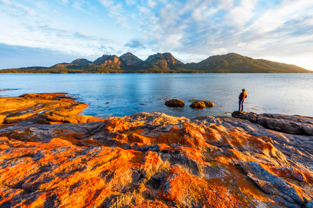 콜스 베이에서 해저드의 일몰 전망을 즐기는 한 여성 - freycinet national park 뉴스 사진 이미지