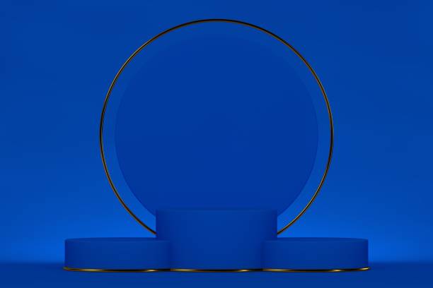 istock Blue podium and minimal abstract background, 3d rendering geometric shape, Stage for awards on website in modern. Empty product stand. 1301334400