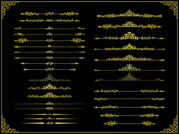 ilustrações, clipart, desenhos animados e ícones de conjunto de ornamentos de divisor em forma de lança clássica da europa dourada - intercalated disc illustrations